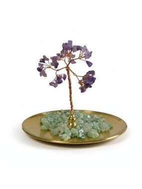 Amethyst Crystal Bonsai Tree Incense Holder On Gold Base With Aventurine Stones